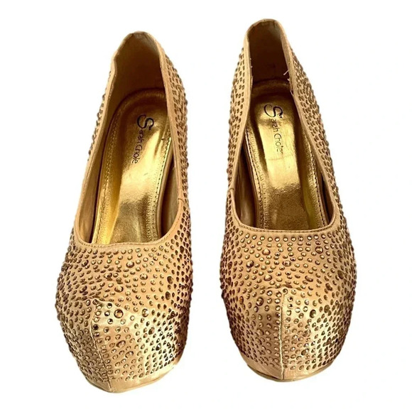 Sarah Chole Gold Stiletto Heels Glitter Shoes Sz  8 M 5 inch Platform - Picture 3 of 11